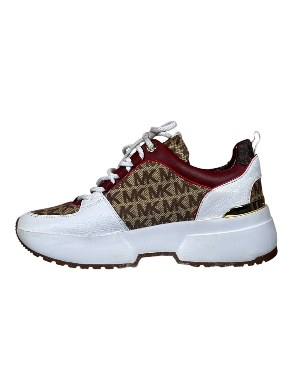 MICHAEL Michael Kors Cosmo Trainer Sneakers with Burgundy Trim & Gold Heel